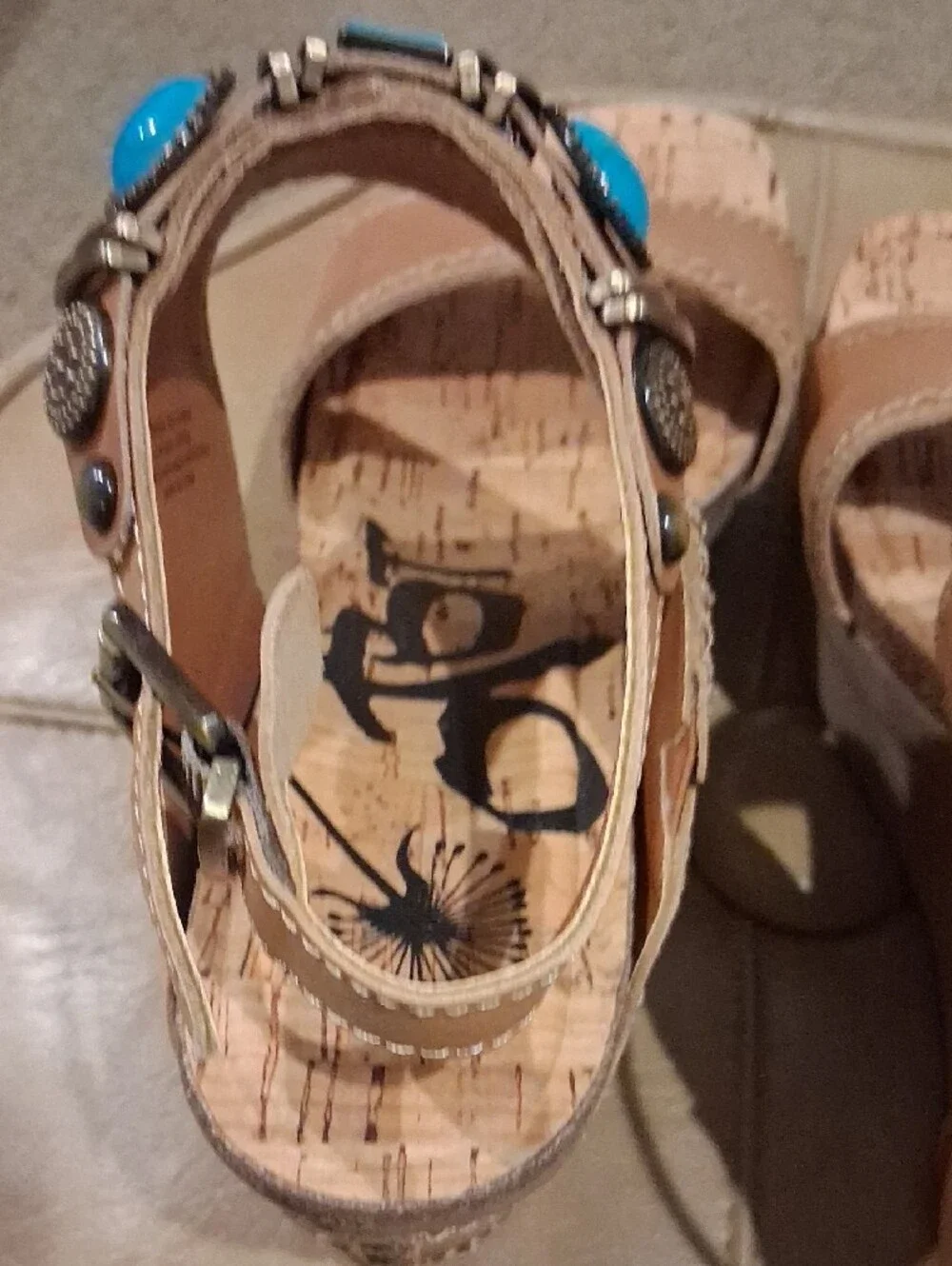 OTBT Wedge Sandals with Turquoise Accents - Tan